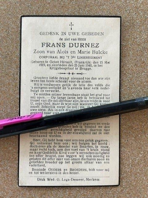 Corporaal3Liniereg DURNEZ (achttiendaagse Veldtocht)+6/1940, Verzamelen, Bidprentjes en Rouwkaarten, Ophalen of Verzenden, Bidprentje