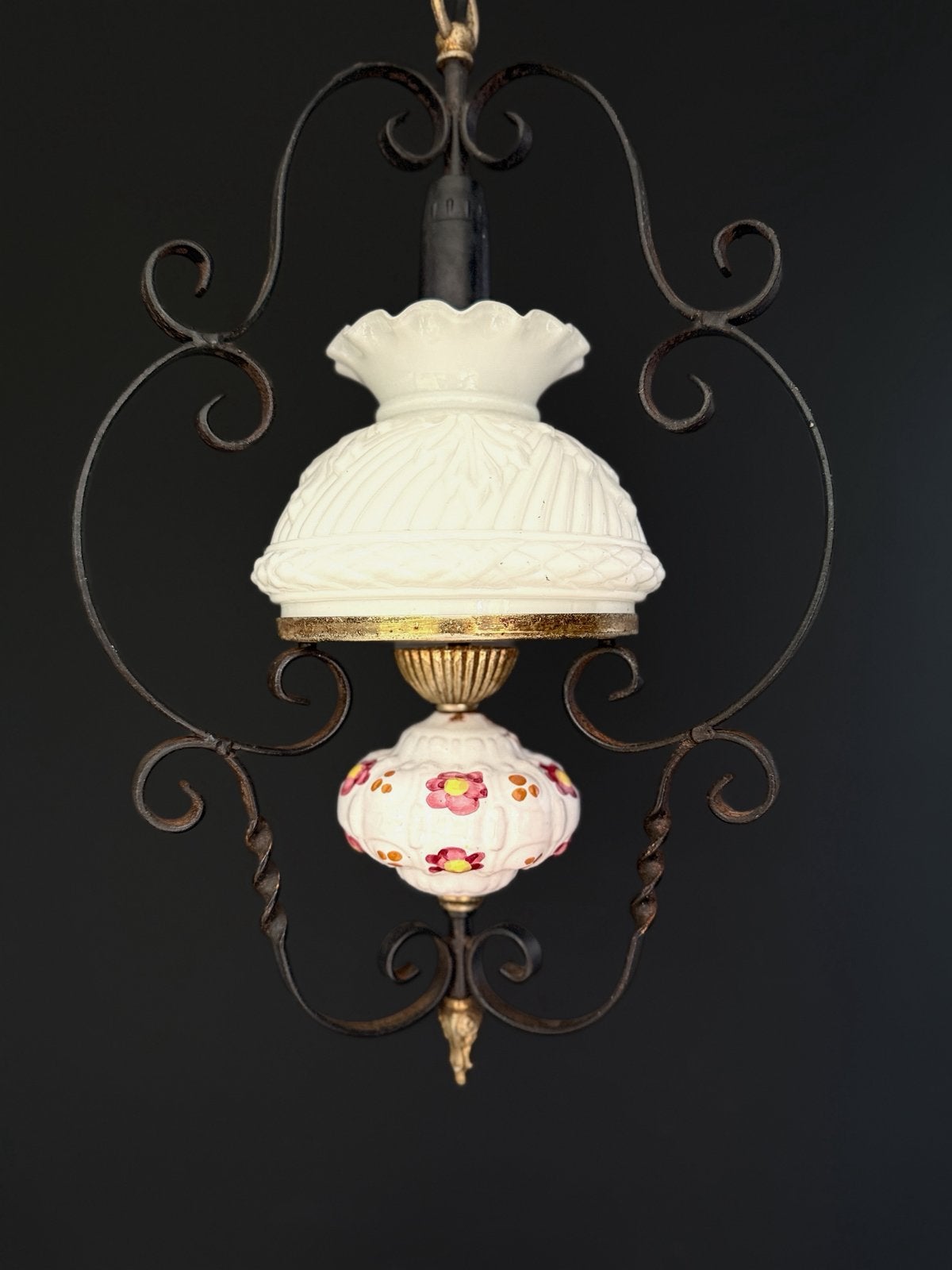 Vintage retro brocante hanglamp – elektrische olielamp, Ophalen of Verzenden, Gebruikt, Metaal