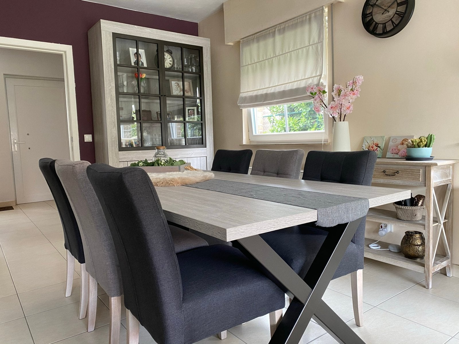 Enkel af te halen:: tafel met 6 stoelen + vitrinekast, Maison & Meubles, Salles à manger complètes, Enlèvement, Utilisé, 4 à 6 chaises