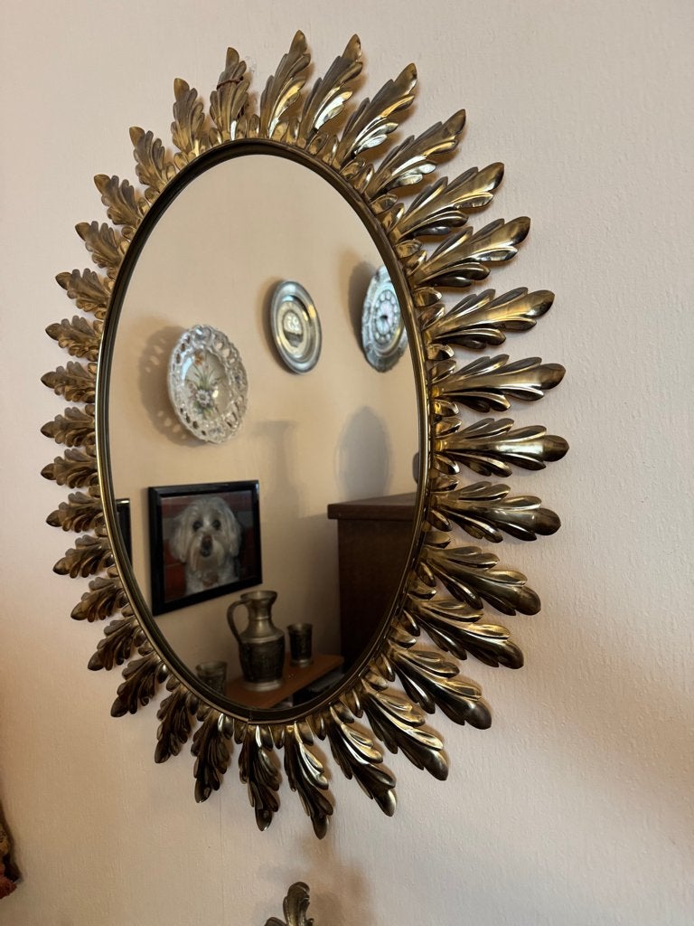 Miroir soleil ovale - décor de feuilles, Antiquités & Art, Enlèvement, Ovale, 50 à 100 cm, Moins de 100 cm