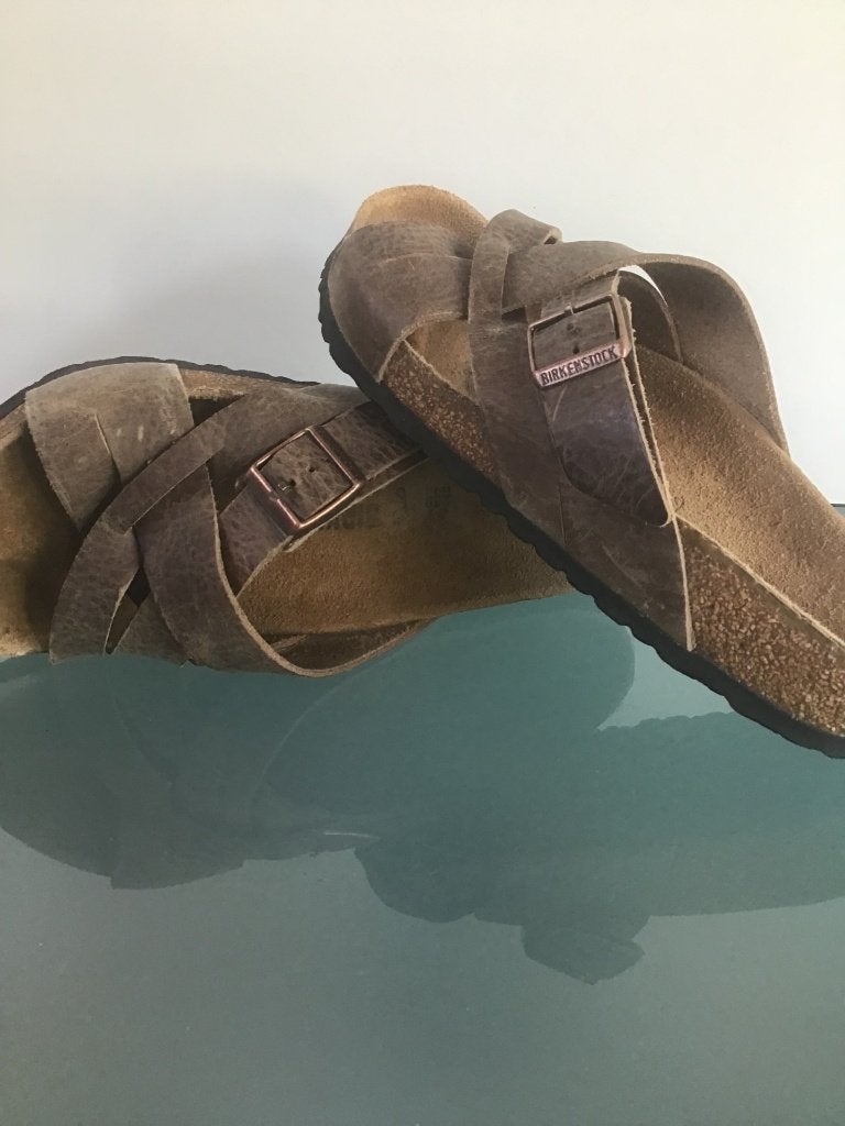 Birkenstock 39 bruine slippers | leer | Gratis verzenden, Kleding | Dames, Slippers, Bruin, Verzenden, Zo goed als nieuw