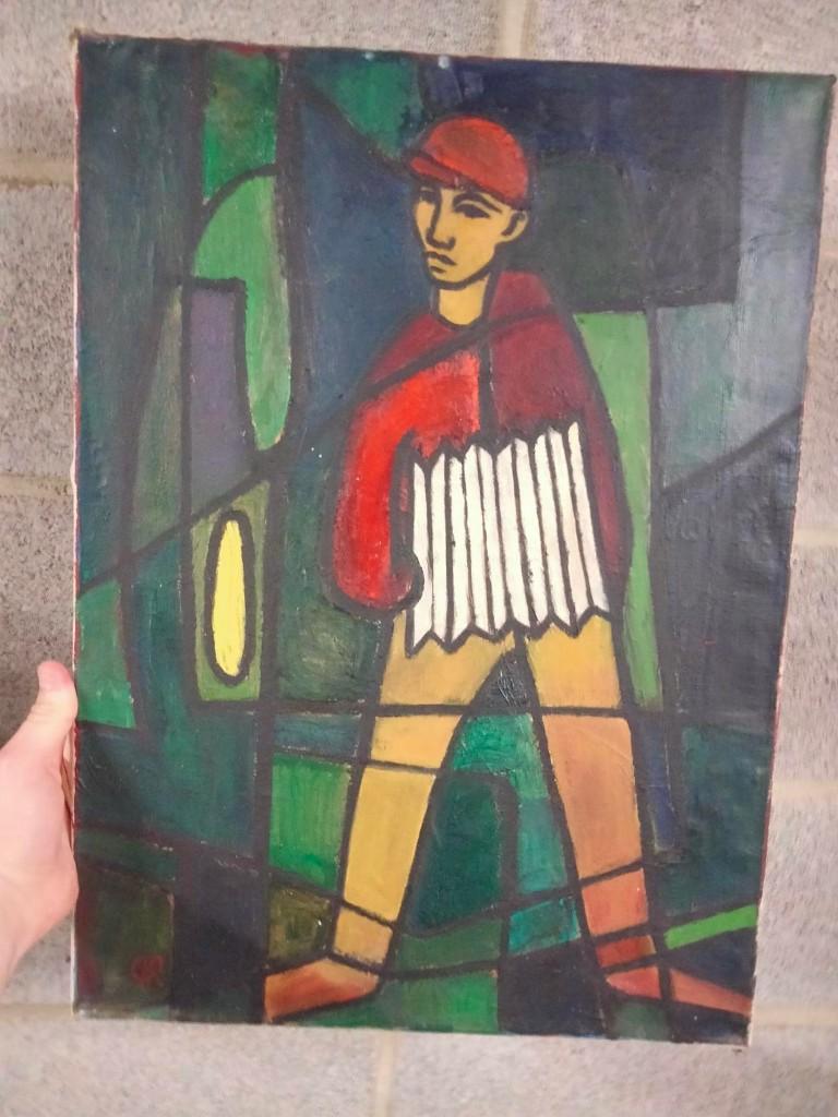 vintage schilderij olieverf op doek abstract accordeon, Ophalen of Verzenden