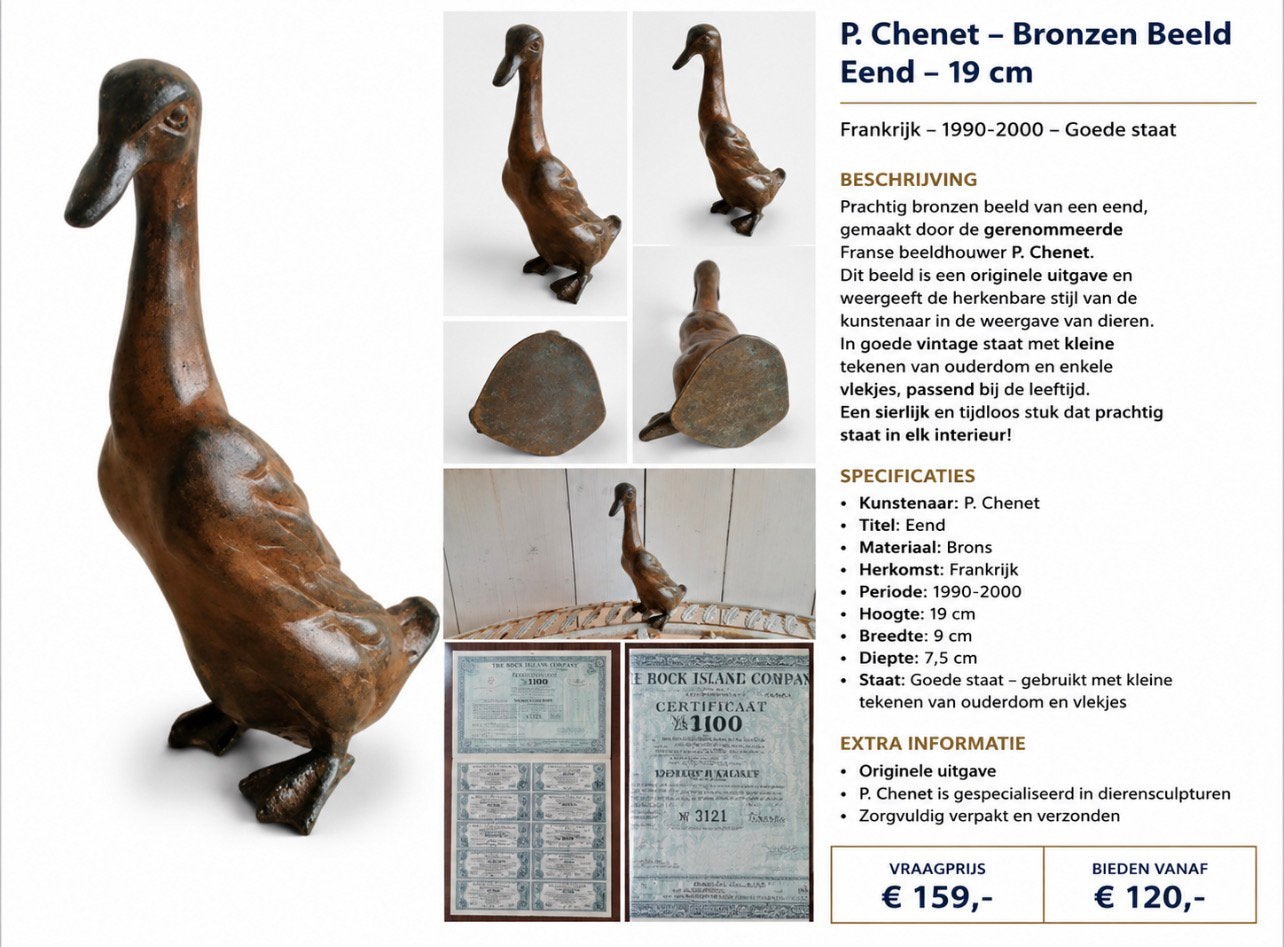 P. Chenet Bronzen Eend Beeld 19 cm Origineel Frankrijk, Ophalen, Brons