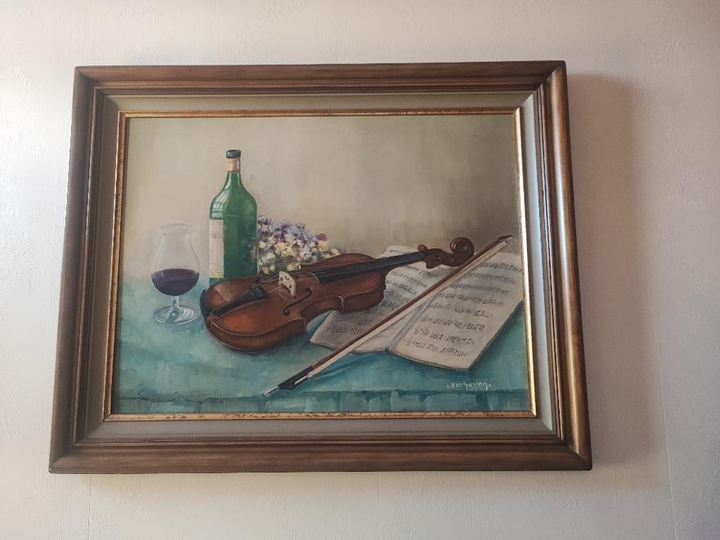Groot schilderij met viool en fles wijn, Antiek en Kunst, Kunst | Schilderijen | Klassiek, Ophalen