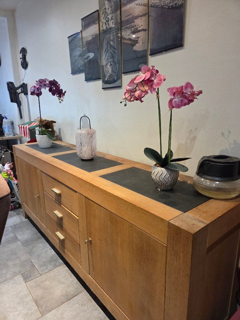 vol eiken dressoir met leisteen, Huis en Inrichting, Ophalen, Met plank(en), Gebruikt, 150 tot 200 cm