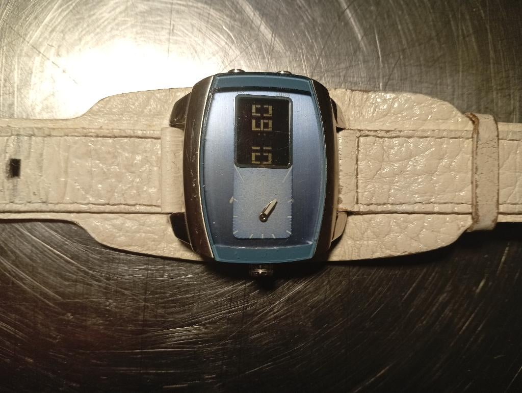 Fossil JR 9634 zeldzaam horloge met duopdisplay, Handtassen en Accessoires, Horloges | Dames, Ophalen, Staal, Leer, Fossil