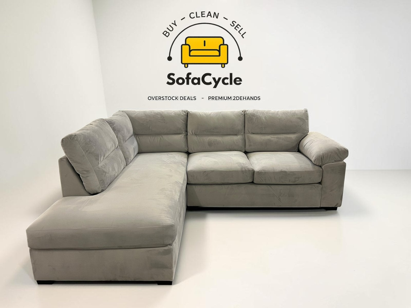 Fauteuil d'angle en velours gris clair, angle L — overstock, Neuf, Enlèvement ou Envoi, SofaCycle, Info@sofacycle.be