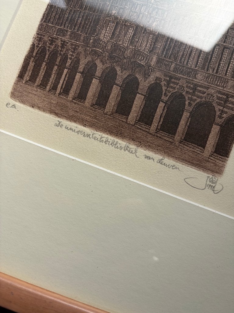 Ets Universiteitsbibliotheek Leuven - Johan Boussauw (E.A.), Gesigneerd, Stadsgezicht, 41 cm, Ophalen of Verzenden