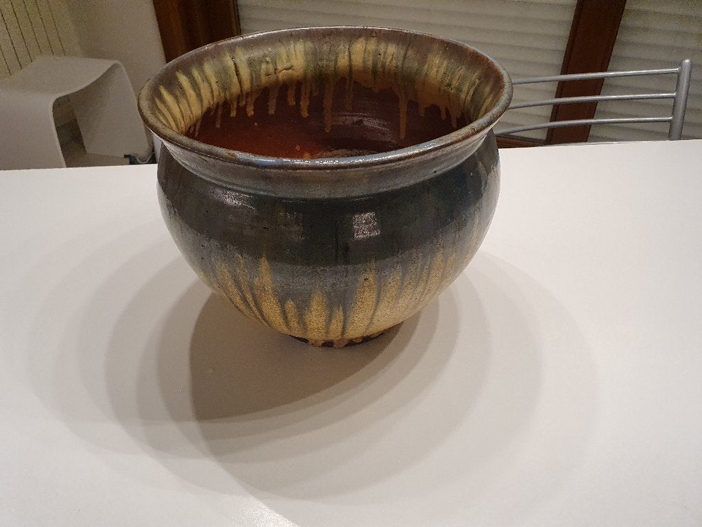 Vintage keramische cache-pot met druipglazuur - Ø 30,5 cm, Gebruikt, Rond, Minder dan 40 cm, Binnen