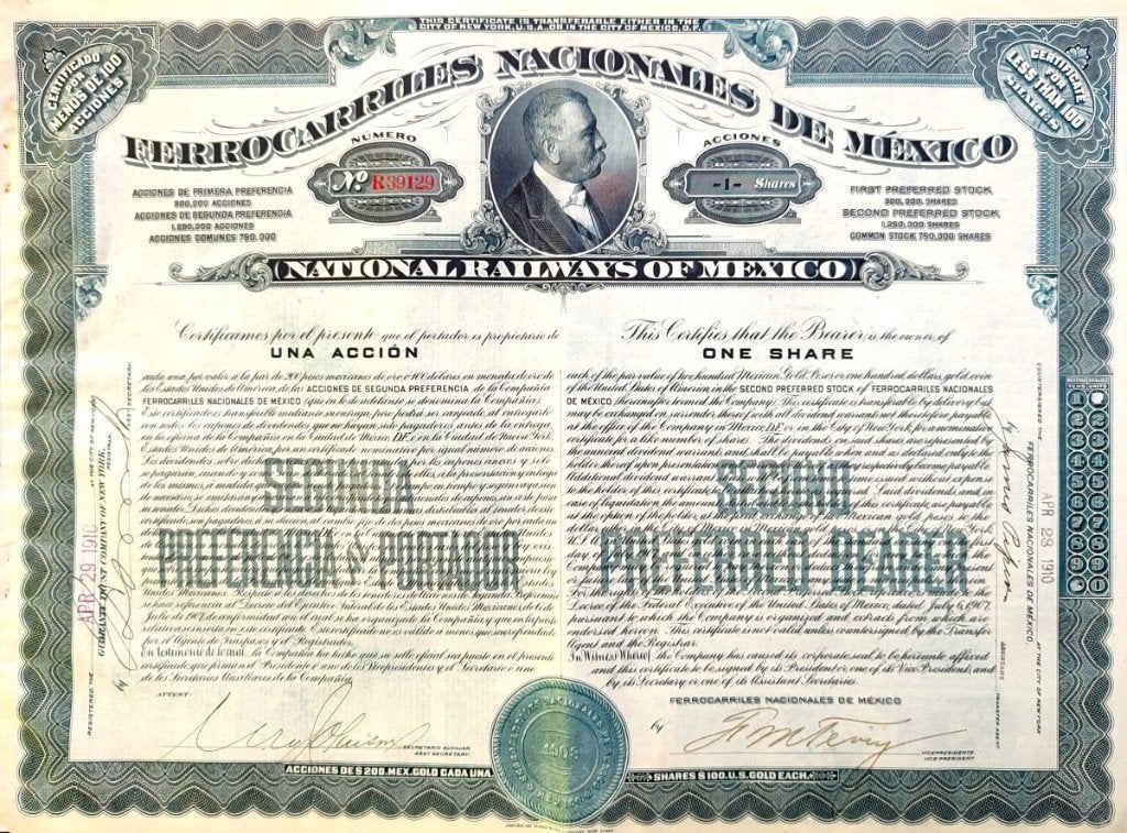 National Railways of Mexico 1910, Postzegels en Munten, Aandelen en Waardepapieren, Ophalen of Verzenden, Voor 1920, Aandeel