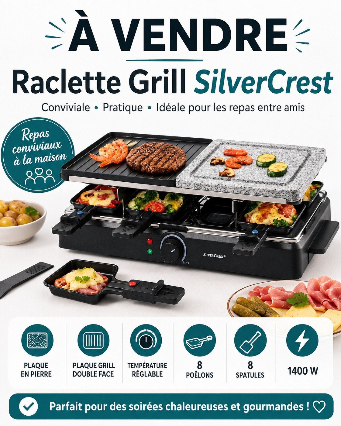 Silvercrest Raclettegrill, Elektronische apparatuur, Gourmetstellen, Ophalen of Verzenden, Zo goed als nieuw, 8 personen of meer