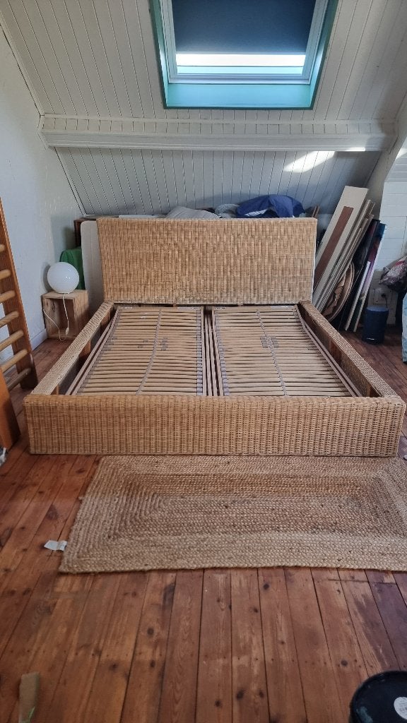 Rattan dubbel bedframe, Beige, Enlèvement, Utilisé, Bois