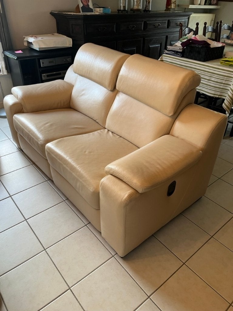 Lederen salon – 2x tweezit + 1 fauteuil – relaxfunctie, Huis en Inrichting, Ophalen, Gebruikt, Leer, Modern / eigentijds – leder – relaxzetels