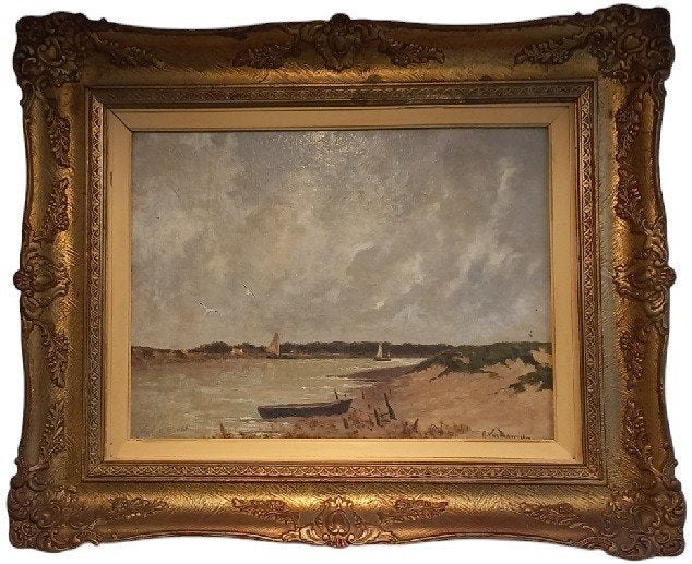 Anita van Damme (1933) "oeverzicht"., Antiek en Kunst, Origineel werk, Ophalen of Verzenden, Olieverf, Maritiem / water