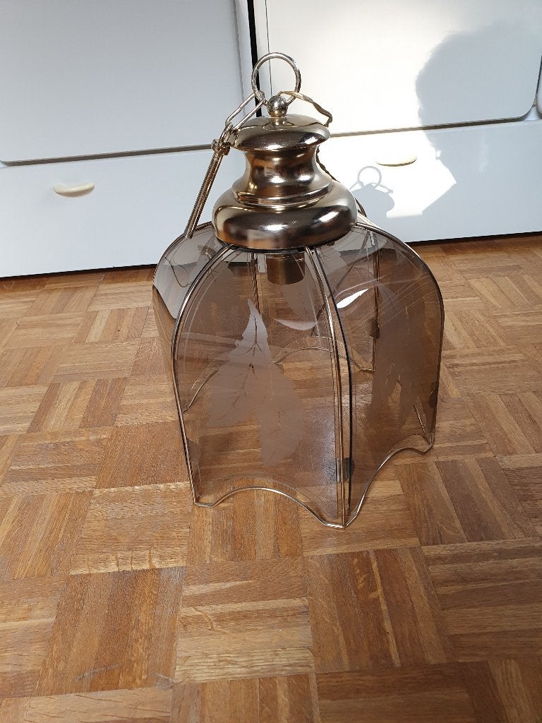 Lampe suspendue vintage années 1970 - Verre fumé et laiton, Verre, Comme neuf, Enlèvement, E27 (grand)