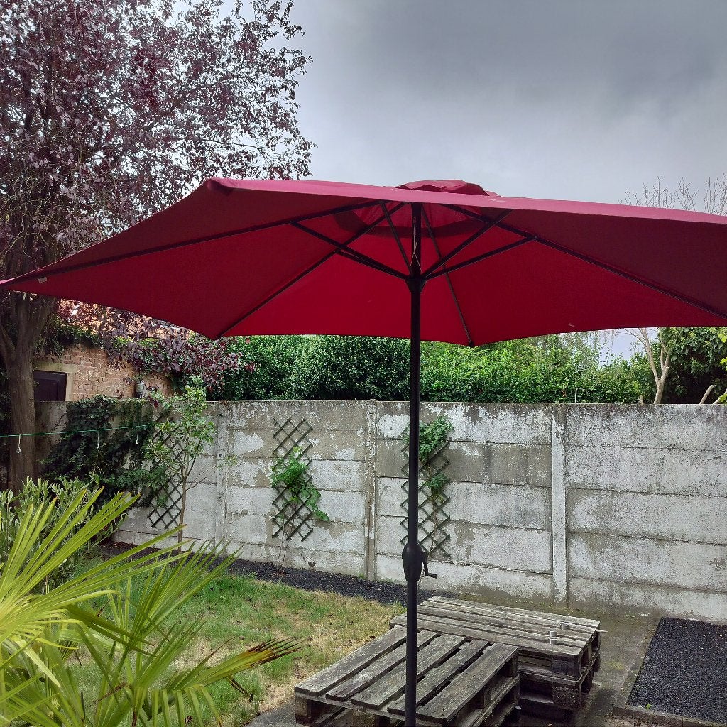 Parasol met granieten voet op wieltjes, Tuin en Terras, Ophalen, Gebruikt, 2 tot 3 meter, Stokparasol