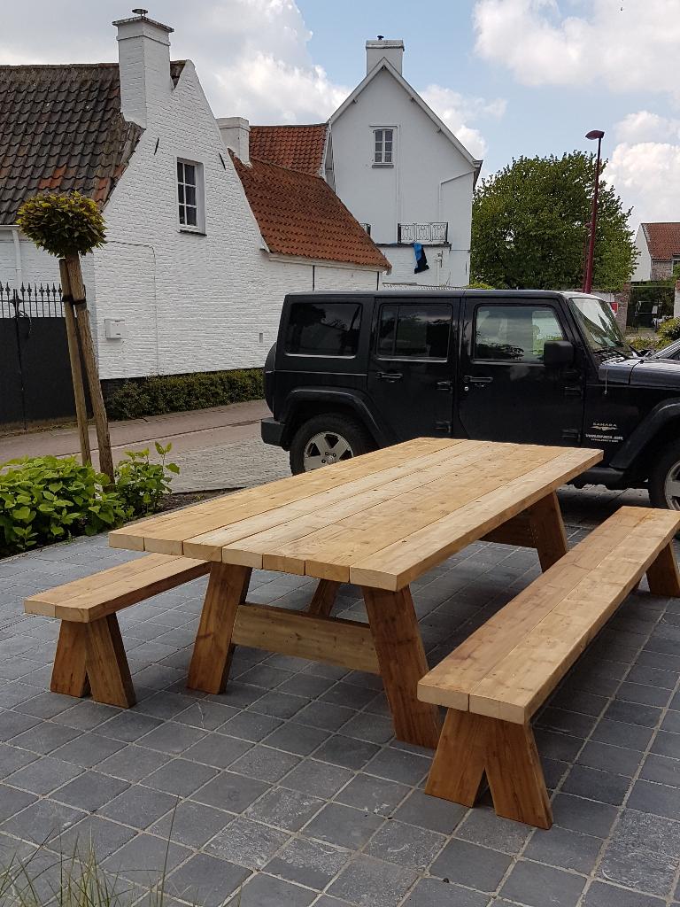 Tuintafel picknicktafel balken sloophout / hardhout op maat, Ophalen of Verzenden, Nieuw, Rechthoekig, Hout