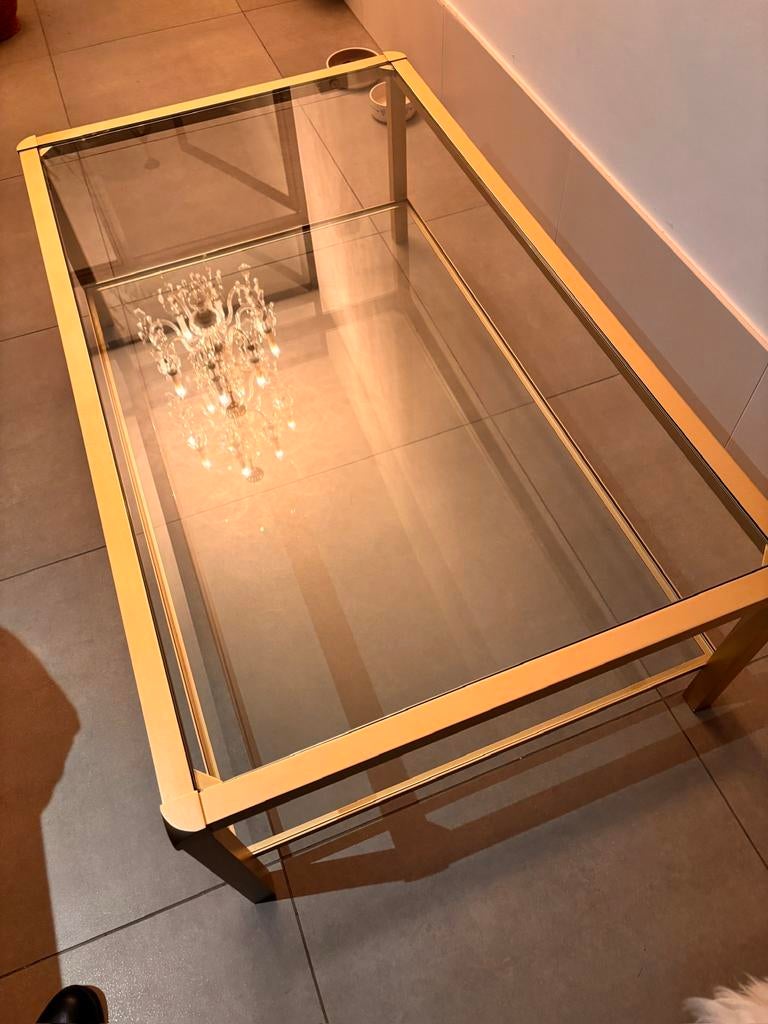 Glazen salontafel met goudkleurig frame – 120x70 cm, Huis en Inrichting, Tafels | Salontafels, Zo goed als nieuw, 50 tot 100 cm