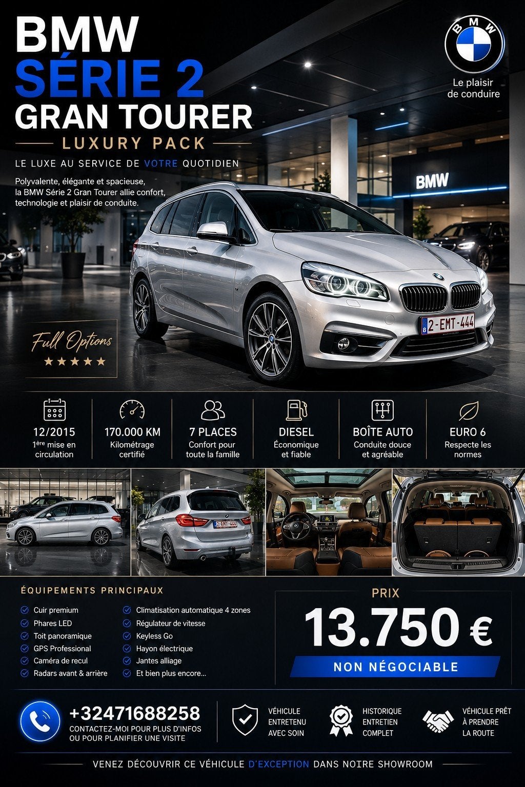 BMW 2 LUXURY LINE AUTOMATIQUE 7 PLACES, Argent ou Gris, Achat, Euro 6, Entreprise