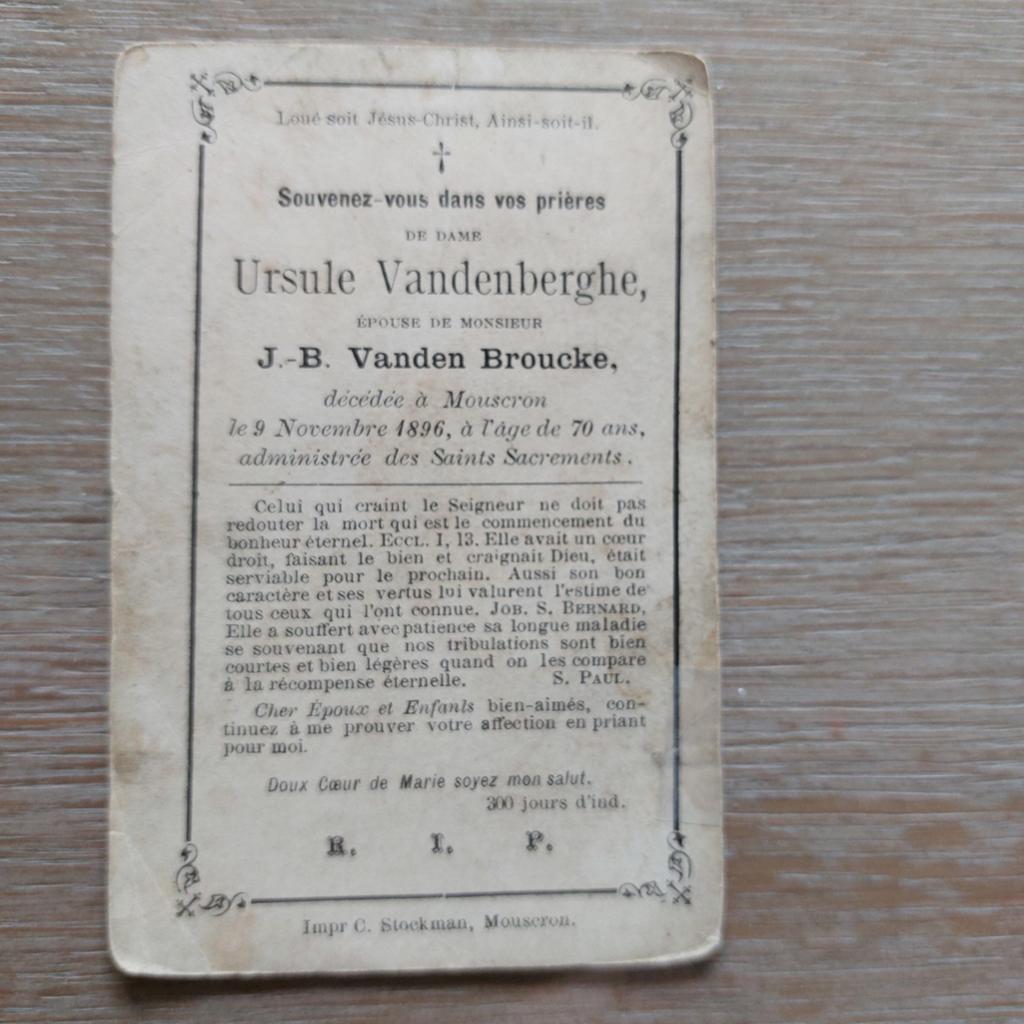 Oud bidprentje Mouscron 1826 - 1896, Verzamelen, Ophalen of Verzenden, Bidprentje