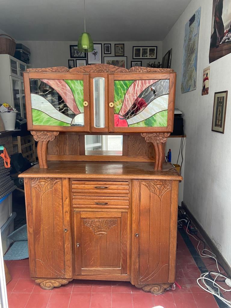 Tweedelige antieke houten kast, Ophalen, Gebruikt, Antiek art noveau, Met deur(en)
