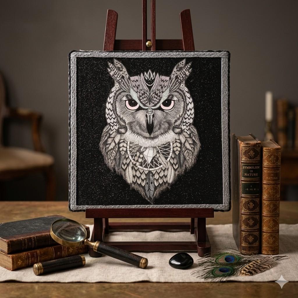 Tableau Hibou Chouette Noir Blanc 30x30cm Déco Murale Bohème, Antiquités & Art, Enlèvement ou Envoi