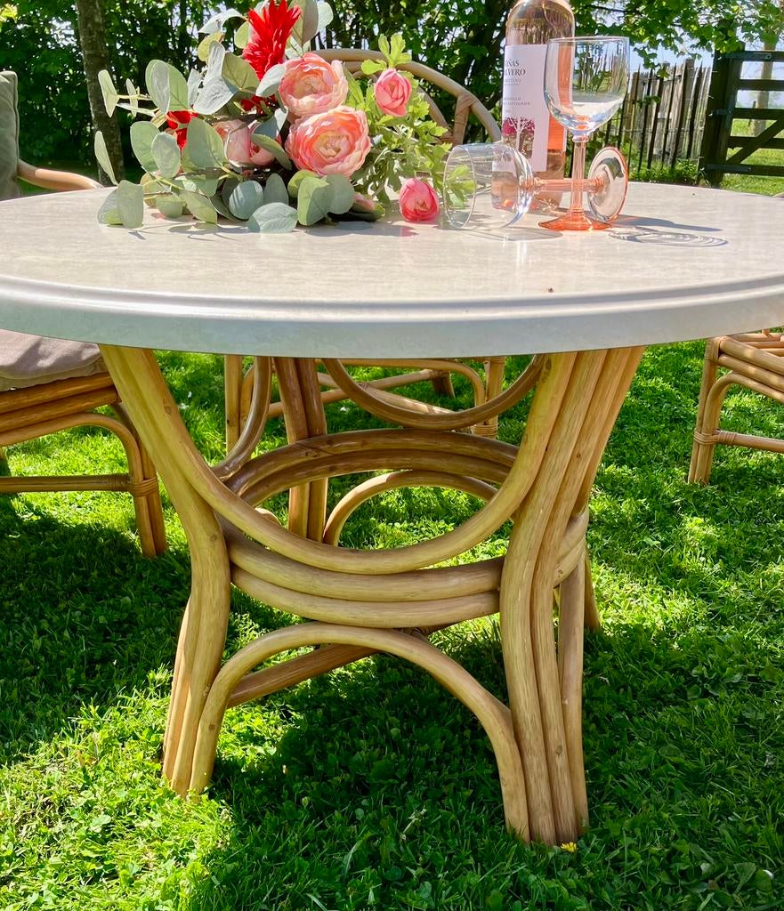 Vintage rieten rotan bamboe tuinset tafel zetel, Tuin en Terras, Ophalen of Verzenden, Rotan, Tuinset