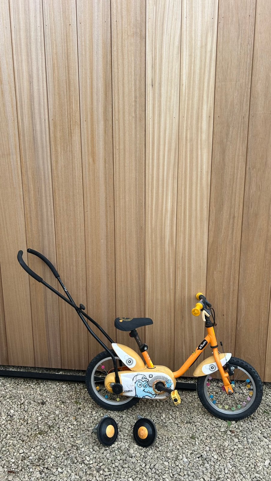 Kinderfiets 14 inch met zijwieltjes en balanstrainer, Fietsen en Brommers, Ophalen, Gebruikt, Velgrem