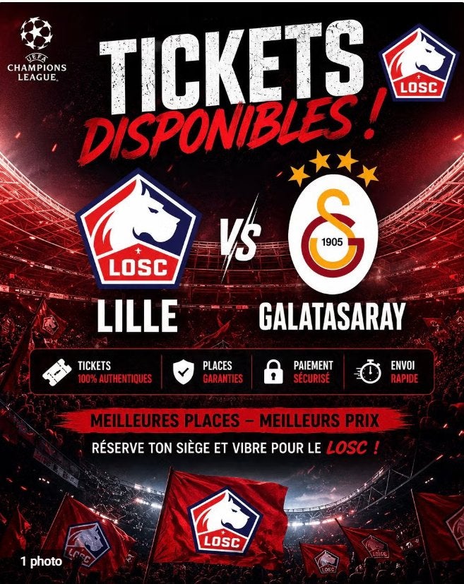 LILLE ( LOSC) - GALATASARAY tickets, Tickets & Billets, Sport | Football, Autres types, Deux personnes, Octobre
