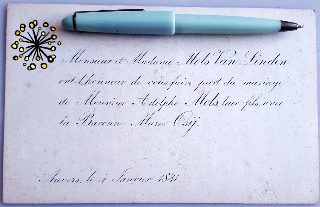 Zeldzame huwelijkaankondiging ANTWN 1881 A.MOLS-baronnes OSY, Verzamelen, Geboortekaartjes en Visitekaartjes, Ophalen of Verzenden