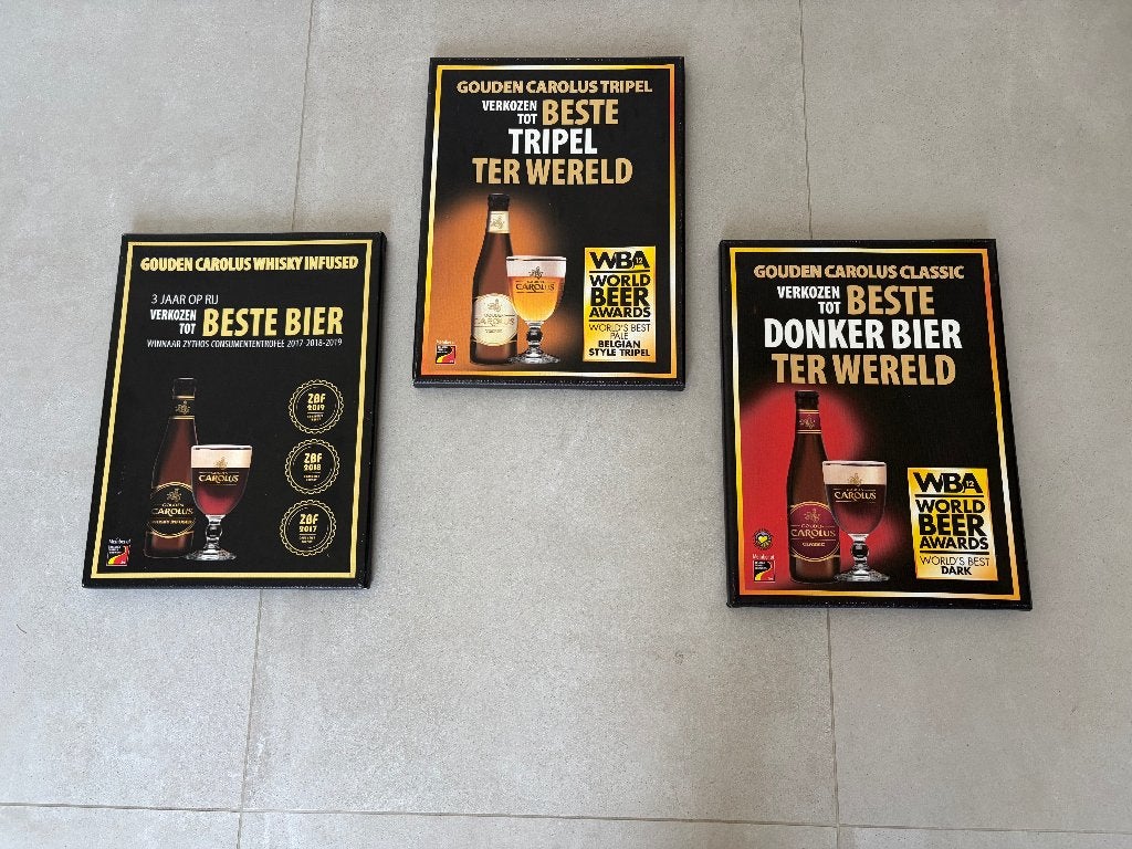 Set van 3 Gouden Carolus reclame canvassen – 30 x 40 cm, Enlèvement ou Envoi, Utilisé, Panneau, Plaque ou Plaquette publicitaire