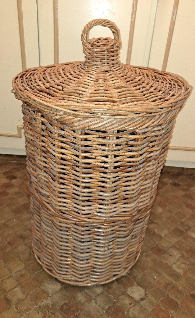 Rieten ronde wasmand, Ophalen, Gebruikt, Met deksel, Mand