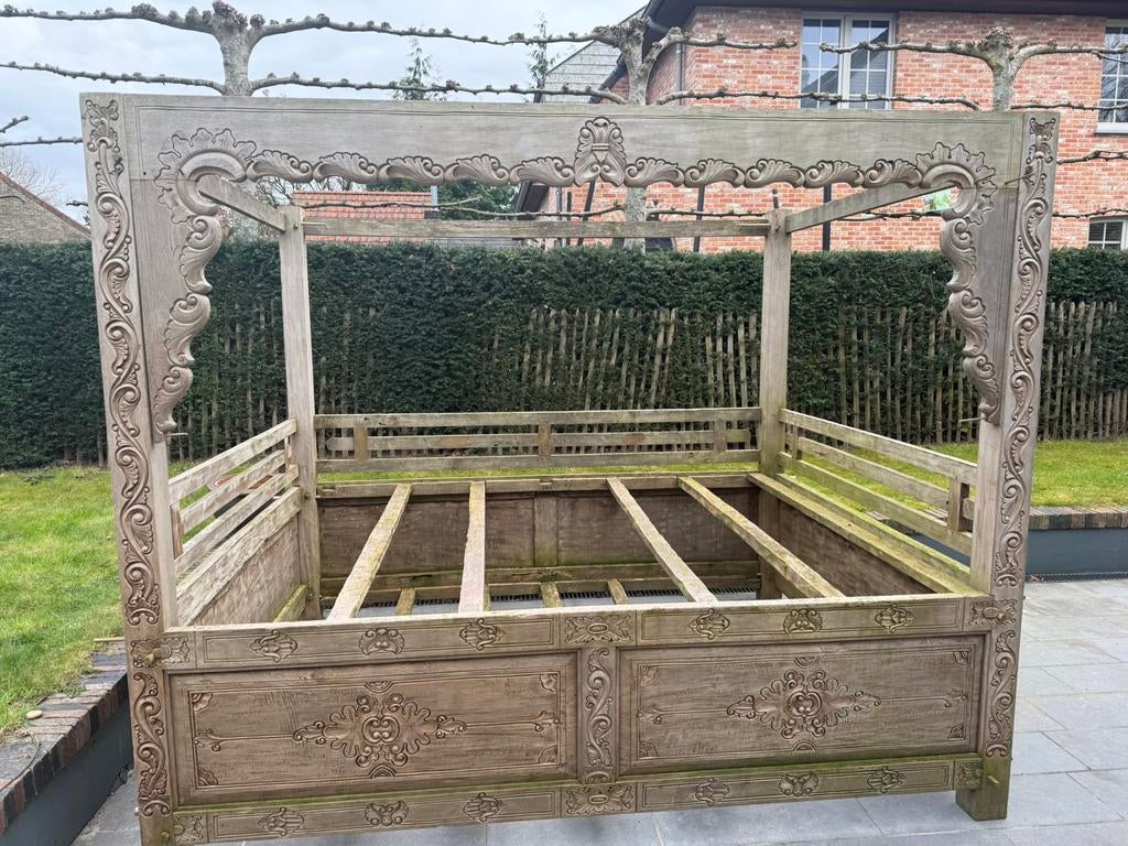 Authentiek Balinees hemelbed – massief teak – handgesneden, Huis en Inrichting, Slaapkamer | Bedden, Gebruikt, Ophalen