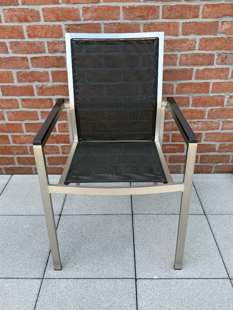 6 moderne tuinstoelen – RVS-look met zwart textileen, Ophalen, Gebruikt, Rvs, Stapelbaar