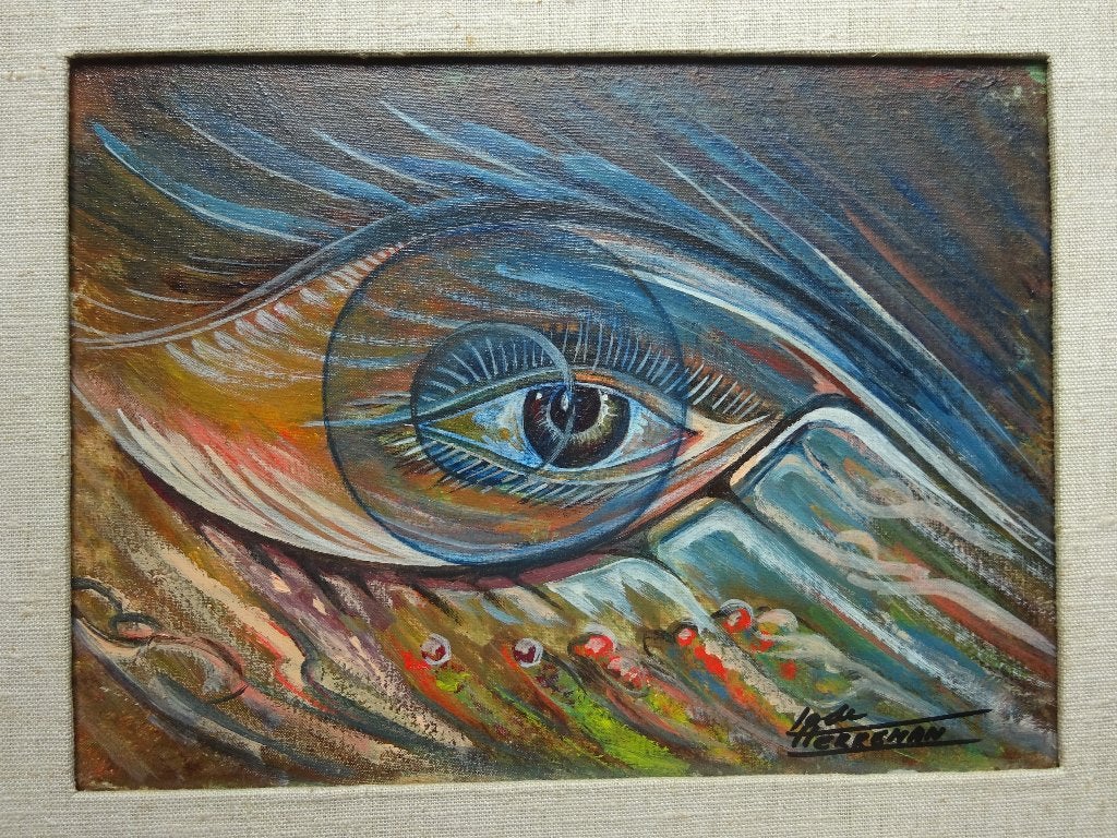 Lode Herreman, 38 x 30 cm, paneel, de nacht sluit.., Peinture à l'huile, Panneau, Surréalisme, Enlèvement