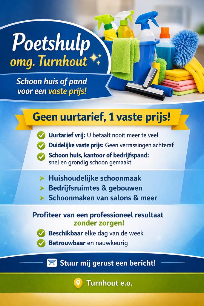 Poetshulp omgeving turnhout, Offres d'emploi, Emplois | Nettoyage & Services techniques, À partir de 5 ans, Autres formes, Horaire variable
