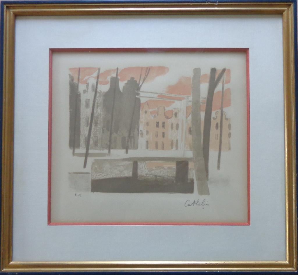 BERNARD CATHELIN / STADSZICHT / KLEURLITHO / 47x51cm / KADER, Signé, Enlèvement ou Envoi