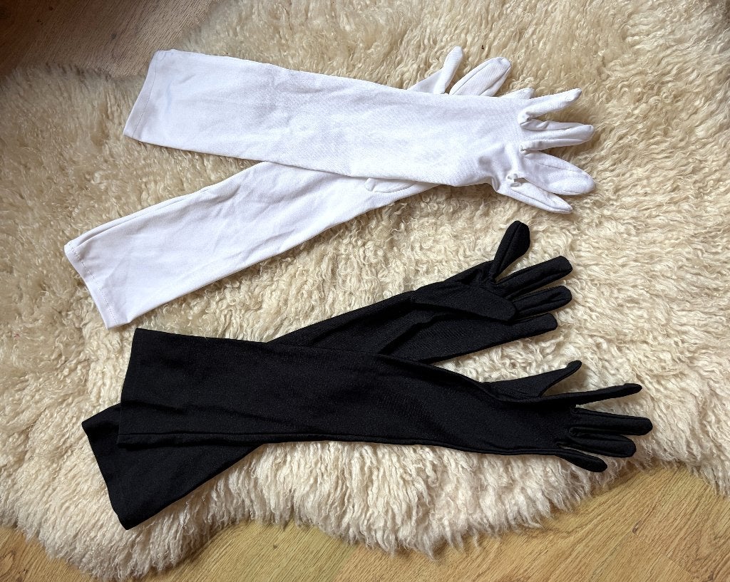 2 paar lange handschoenen, zwart, wit, blinkend, Ophalen of Verzenden, Zo goed als nieuw, Handschoenen, De Feestwinkel