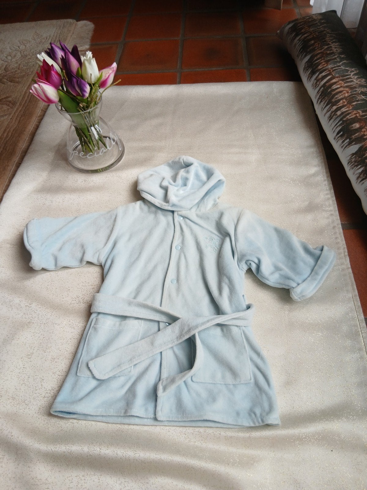 Lichtblauwe kinderbadjas met kap – ca. maat 74 (Nieuw)Beschr, Kinderen en Baby's, Babykleding | Maat 74, Ophalen of Verzenden