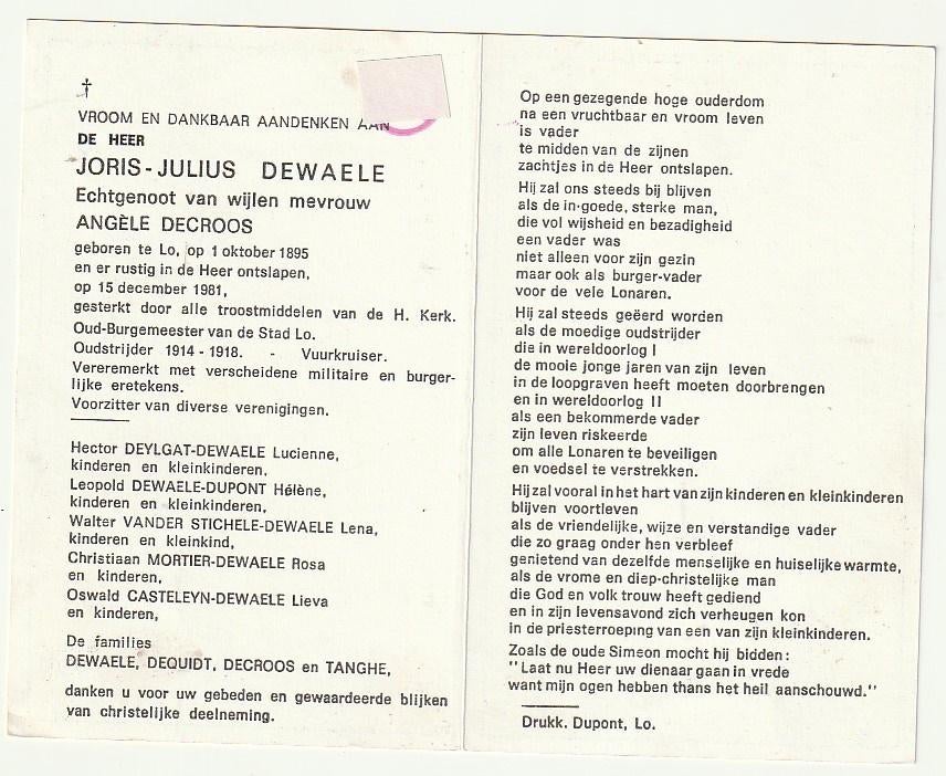 DEWAELE Lo 1981 Oudstrijder Vuurkruiser 14/18 Burgemeester, Verzamelen, Verzenden, Bidprentje