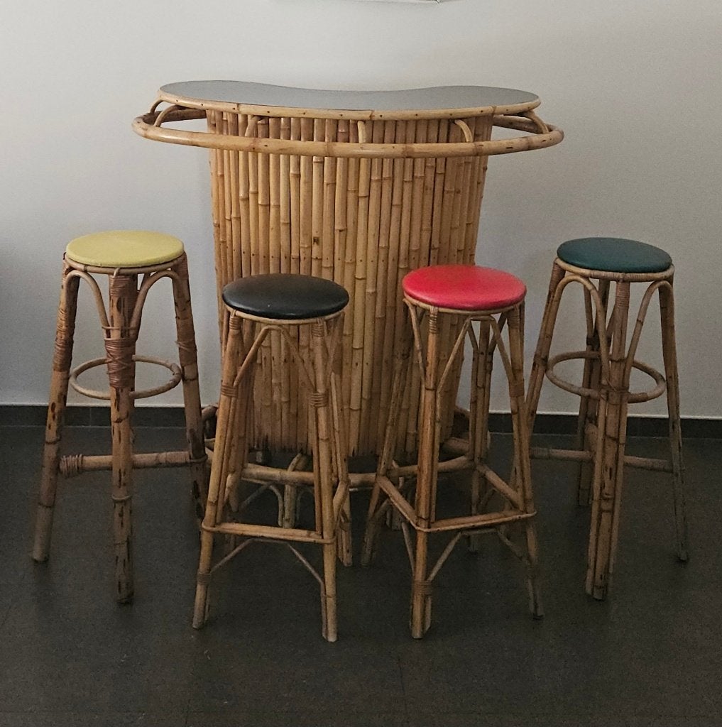 Vintage tiki bamboe bar + 4 barkrukken, Ophalen, Gebruikt