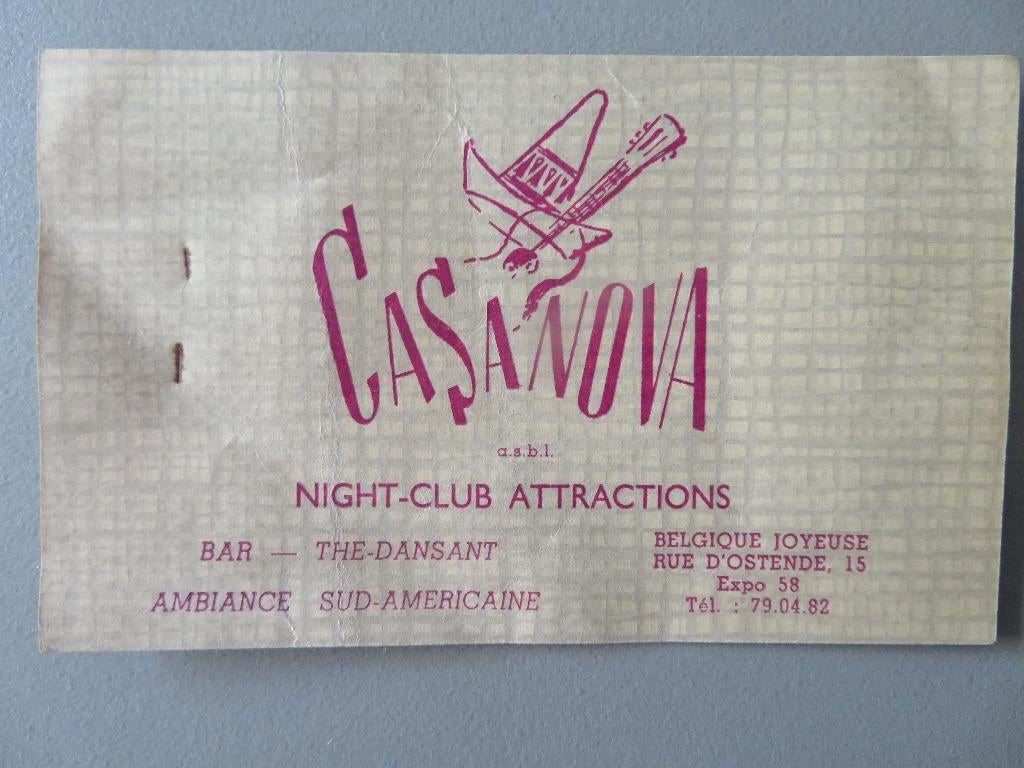 ticket Bar Night Club Casanova Expo 58 Oostende, Ophalen of Verzenden, Overige typen