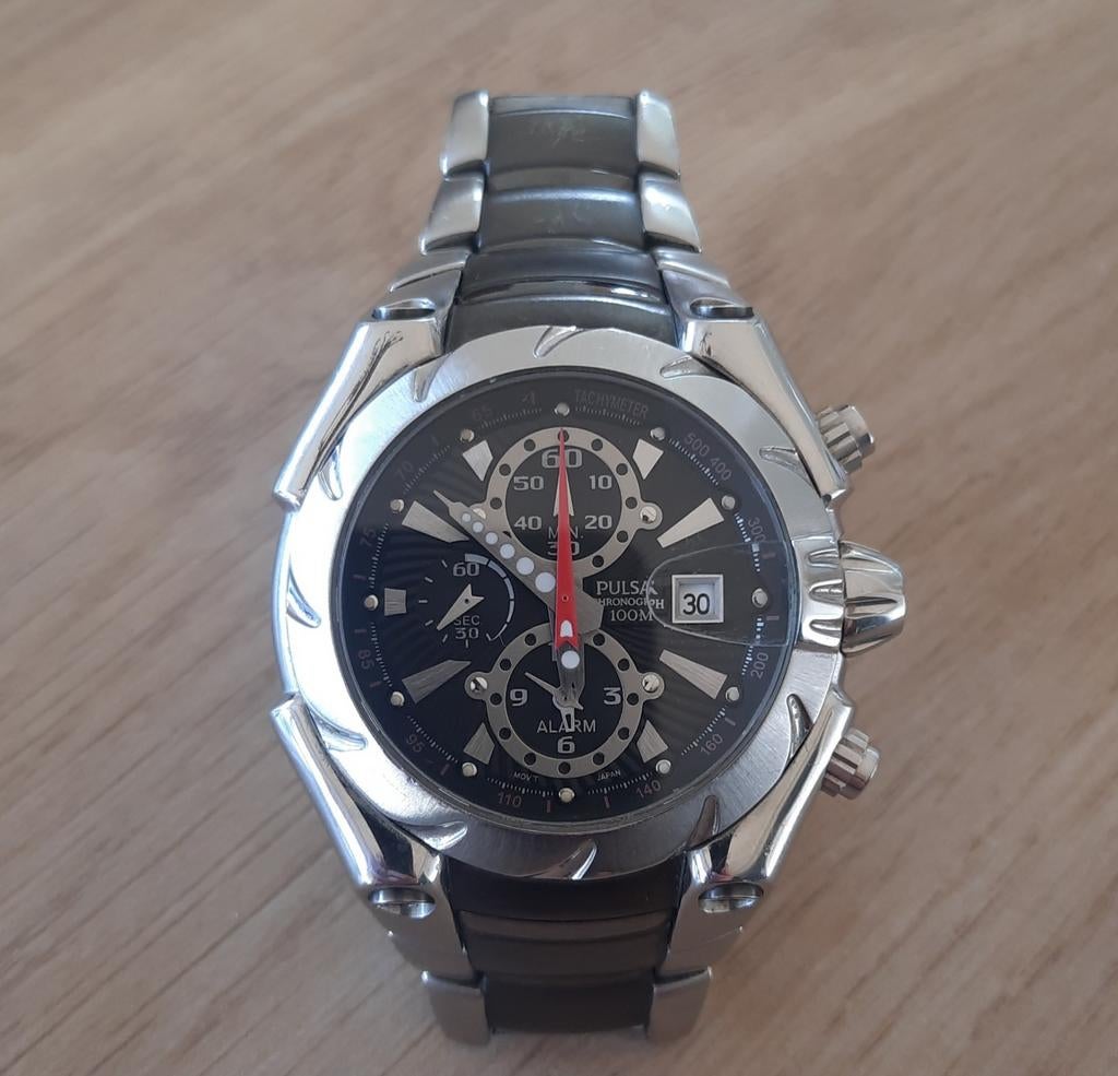 Pulsar YM62-X159 met alarm en chronometer., Montre-bracelet, Acier, Enlèvement, Utilisé