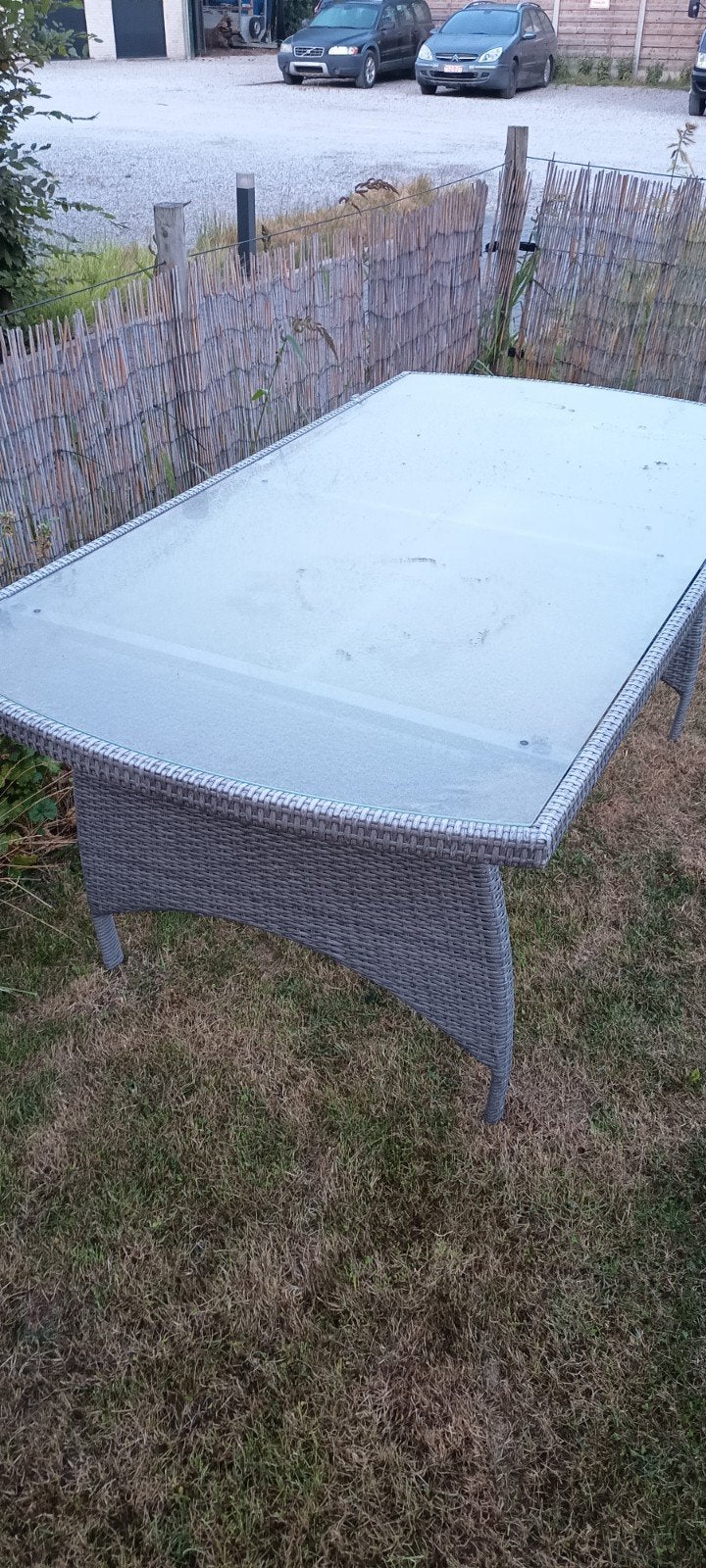Tuintafel riet met inlegglas, Ophalen, Gebruikt, Rechthoekig, Overige materialen
