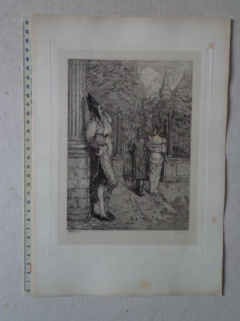 19de eeuwse ets van M.A. Glibert "En 1799" uit 1873, Antiquités & Art, Art | Eaux-fortes & Gravures, Eau-forte, Signé, Vie quotidienne