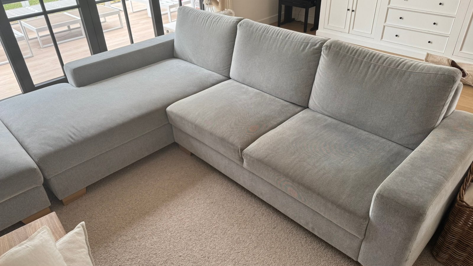 Canapé Ikea Sorvallen beige/brun + meridienne + pouf, Maison & Meubles, Canapés | Coins salons complets, Utilisé, Bois, Tissus