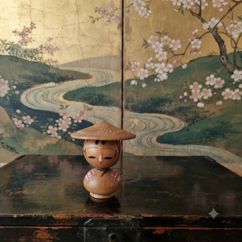 Kokeshi vintage avec Ajirogasa, Fait main, Japon, Bois, 4 cm