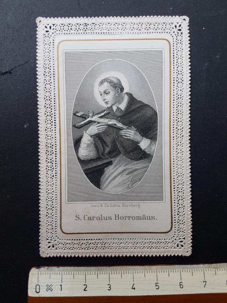Santje Heiligenprentje met kant Holy card Carolus Borromäus, Verzamelen, Bidprentjes en Rouwkaarten, Bidprentje, Verzenden