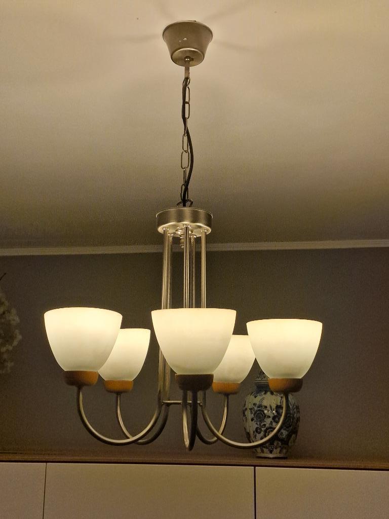 CHANDELIER 5 takken - Metaal en hout, Ophalen, Zo goed als nieuw, Glas, Moderne