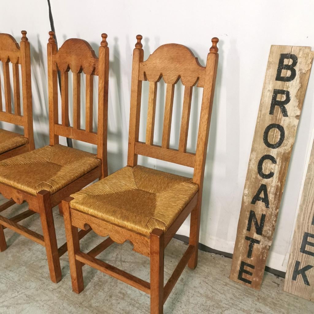 4 oude landelijke eiken eetkamer stoelen met rieten zit, Ophalen, Gebruikt, Overige kleuren, Hout